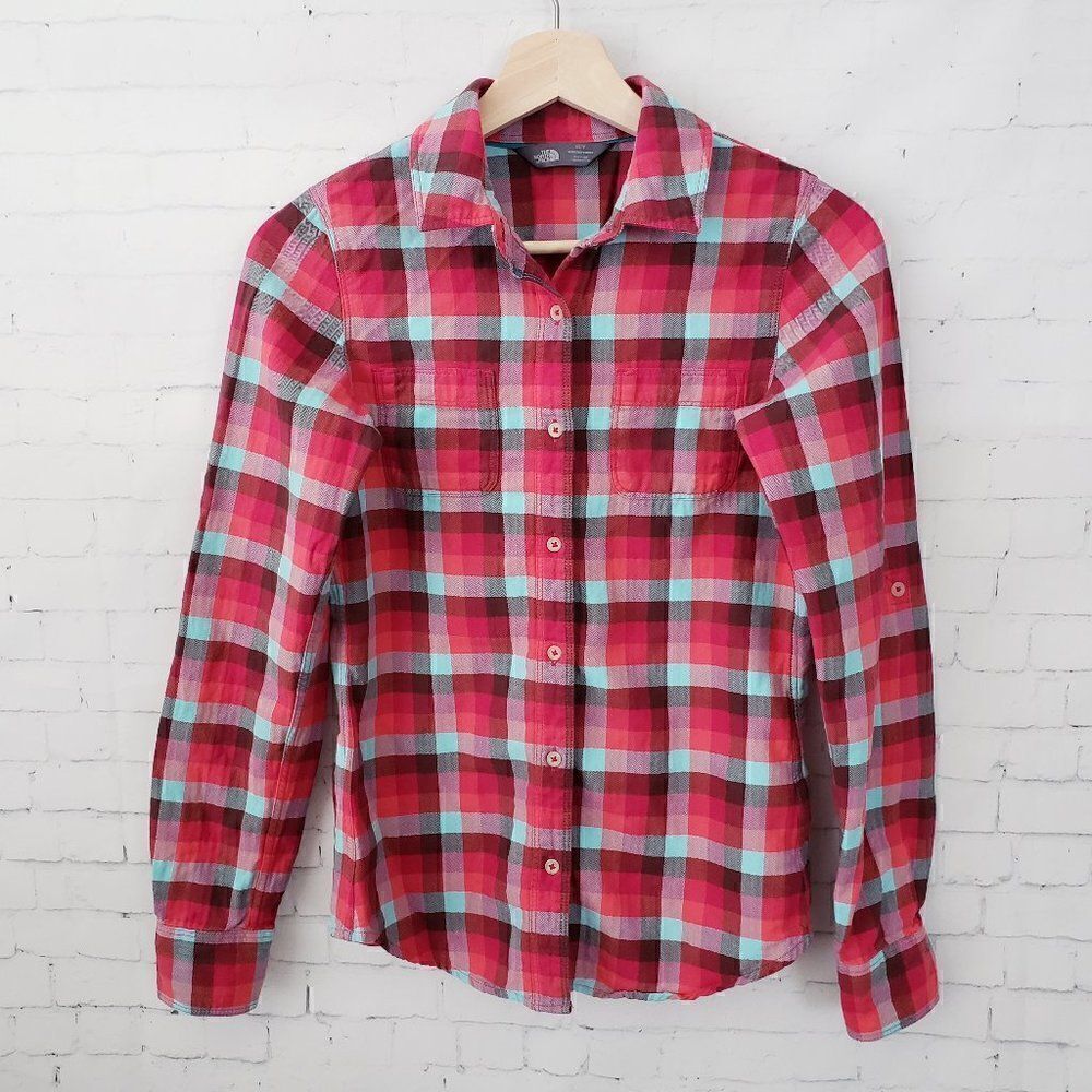 The North Face Plaid Lightweight Flannel Top Womens XS Red Blue Gorpcore Buttons